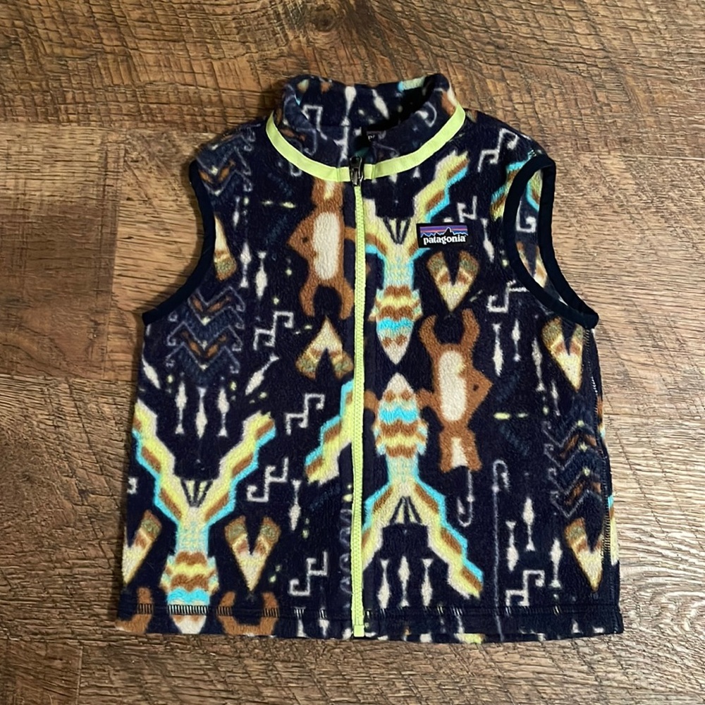 Patagonia Kids Fleece Vest Navy, Brown, Teal & Yellow Pattern